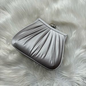 Nordstrom Silver Metallic Scrunched Oyster Clasp Rhinestone Clutch Purse